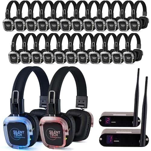 Silent Disco in a Box – 25 LED Wireless Headphones, 2 Channel Transmitters, Plug & Play Silent Disco Headphone System for Parties, Events & DJs, 10hr Battery, 500-Yard Range, Easy Setup