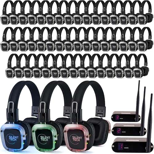 Silent Disco in a Box – 50 LED Wireless Headphones, 3 Channel Transmitters, Plug & Play Silent Disco Headphone System for Parties, Events & DJs, 10hr Battery, 500-Yard Range, Easy Setup